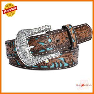 Western Belt with Carved Buckle, 9 Holes, PU Leather, Unisex